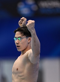 2023年7月28日，覃海洋在福冈游泳世锦赛200米蛙泳决赛后庆祝